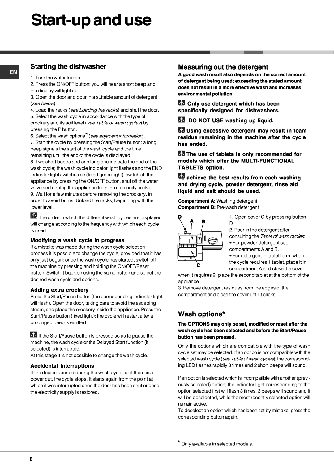 Hotpoint FDF-780 manual Start-upand use, Starting the dishwasher, Measuring out the detergent, Wash options 