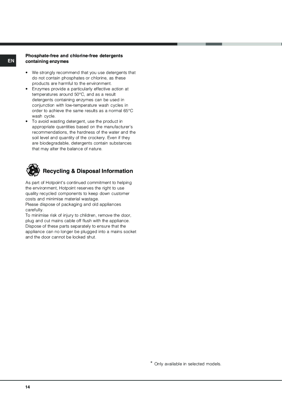 Hotpoint FDF 784 manual Recycling & Disposal Information 