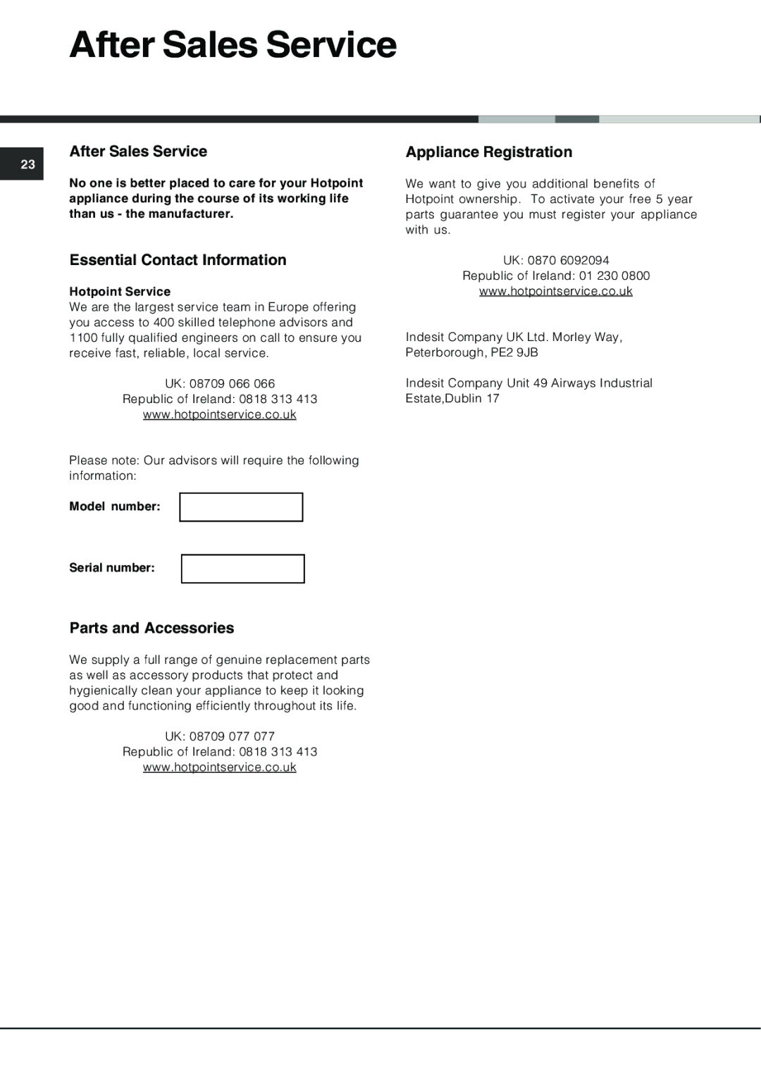 Hotpoint FDF 784 manual After Sales Service, Essential Contact Information, Parts and Accessories, Appliance Registration 