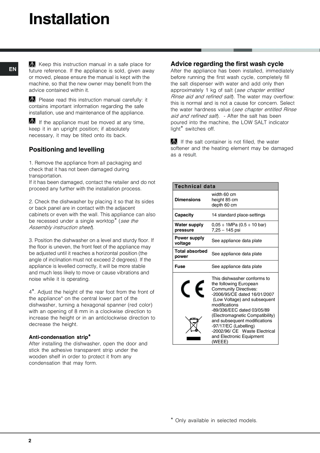 Hotpoint FDF 784 manual Installation, Positioning and levelling, Advice regarding the first wash cycle 