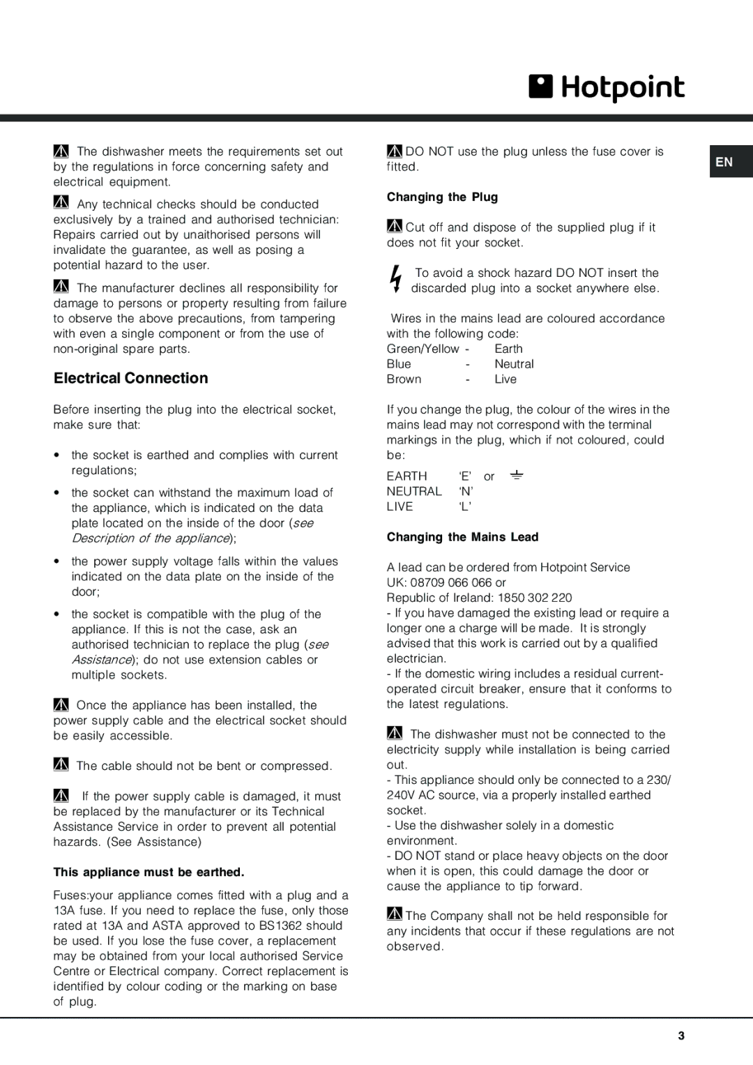 Hotpoint FDF 784 manual Electrical Connection, ‘E’ or, ‘N’, ‘L’ 