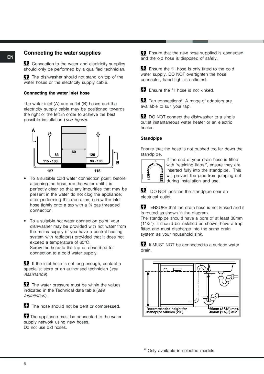 Hotpoint FDF 784 manual Connecting the water supplies 