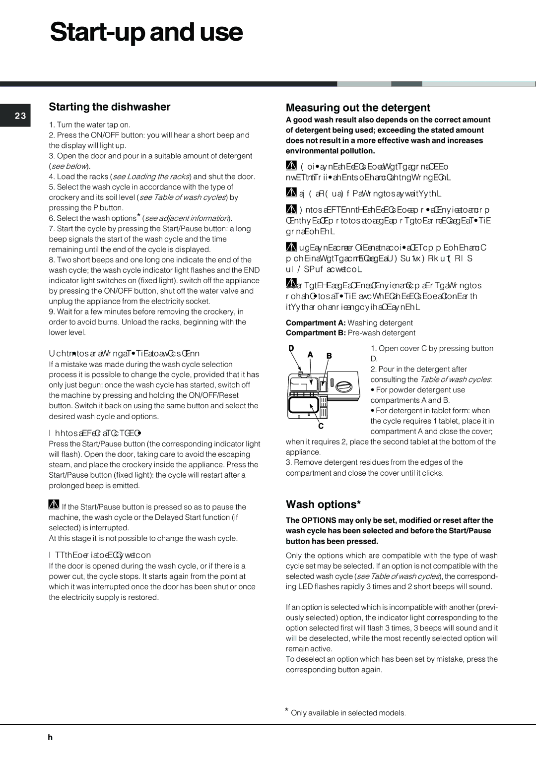 Hotpoint FDF 784 manual Start-up and use, Starting the dishwasher, Measuring out the detergent, Wash options 