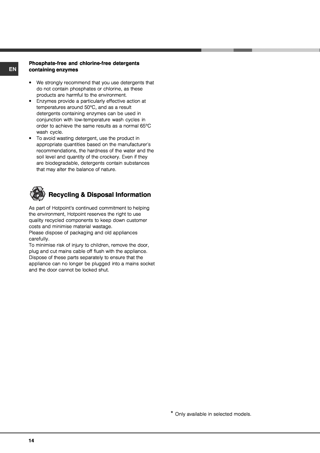 Hotpoint FDF 784 manual Recycling & Disposal Information, Phosphate-freeand chlorine-freedetergents, EN containing enzymes 