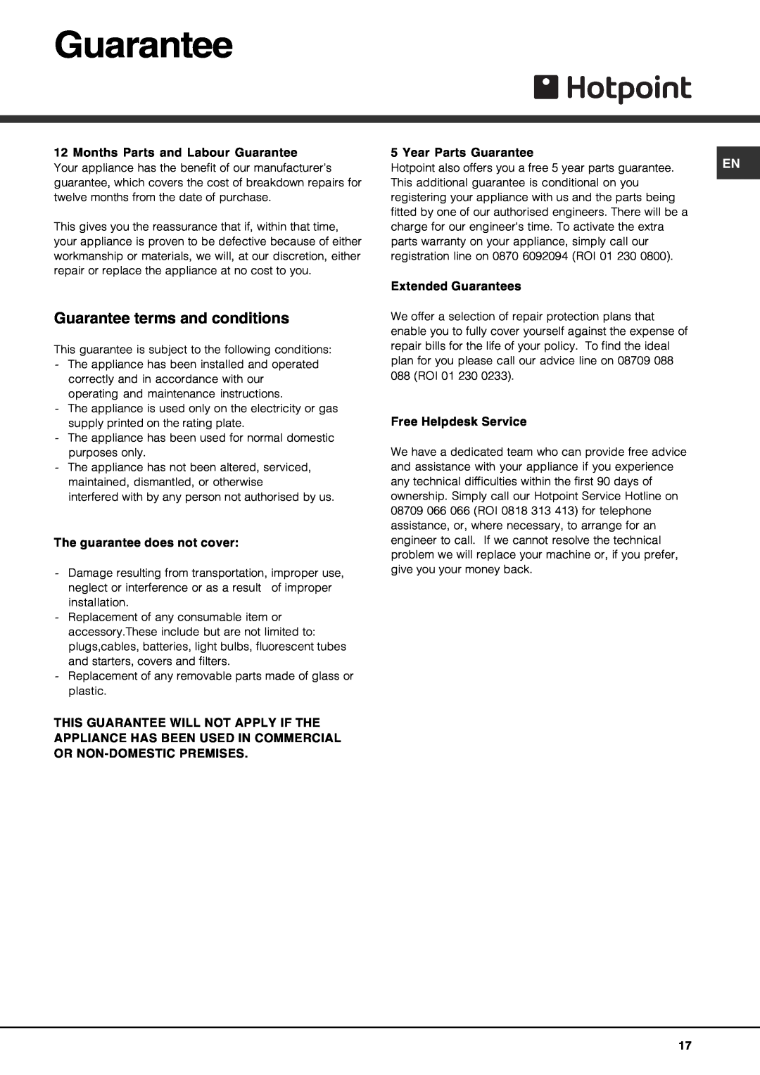 Hotpoint FDF 784 manual Guarantee terms and conditions 