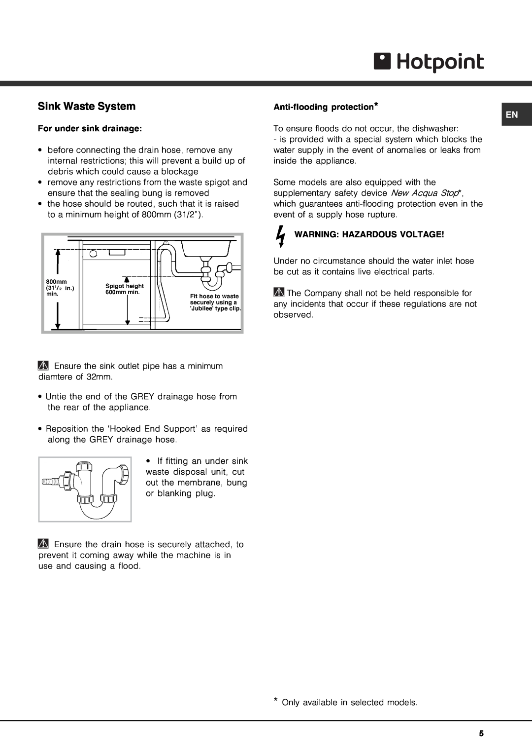 Hotpoint FDF 784 manual Sink Waste System 