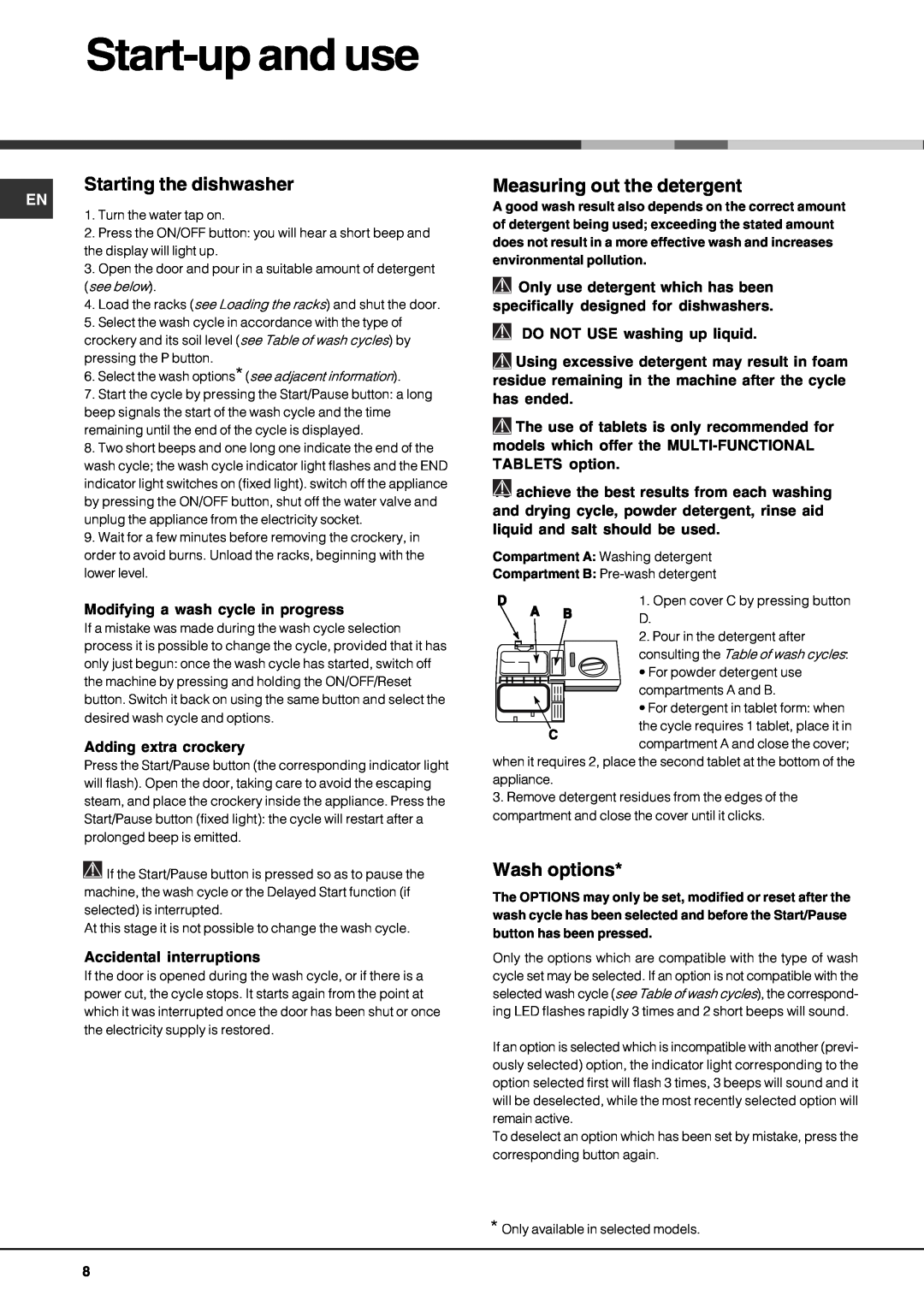 Hotpoint FDF 784 manual Start-upand use, Starting the dishwasher, Measuring out the detergent, Wash options 
