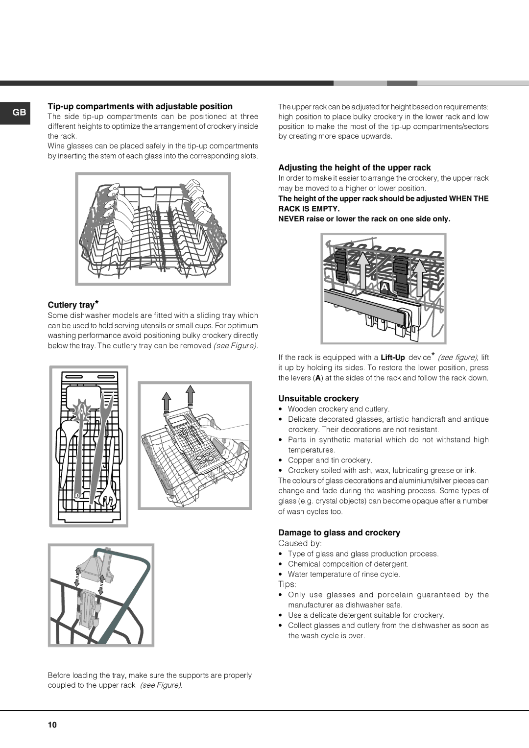 Hotpoint FDFET 33121 Tip-up compartments with adjustable position, Cutlery tray, Adjusting the height of the upper rack 