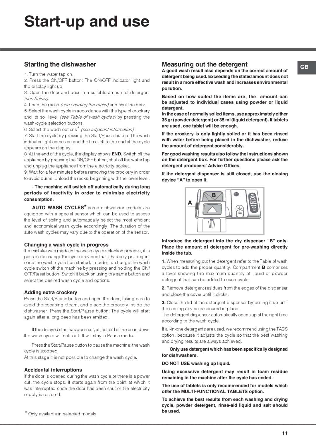 Hotpoint FDFET 33121 manual Start-up and use, Starting the dishwasher, Measuring out the detergent 