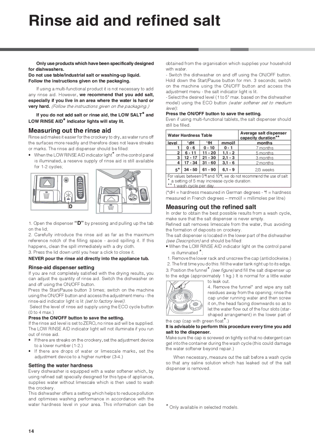 Hotpoint FDFET 33121 manual Rinse aid and refined salt, Measuring out the rinse aid, Measuring out the refined salt 