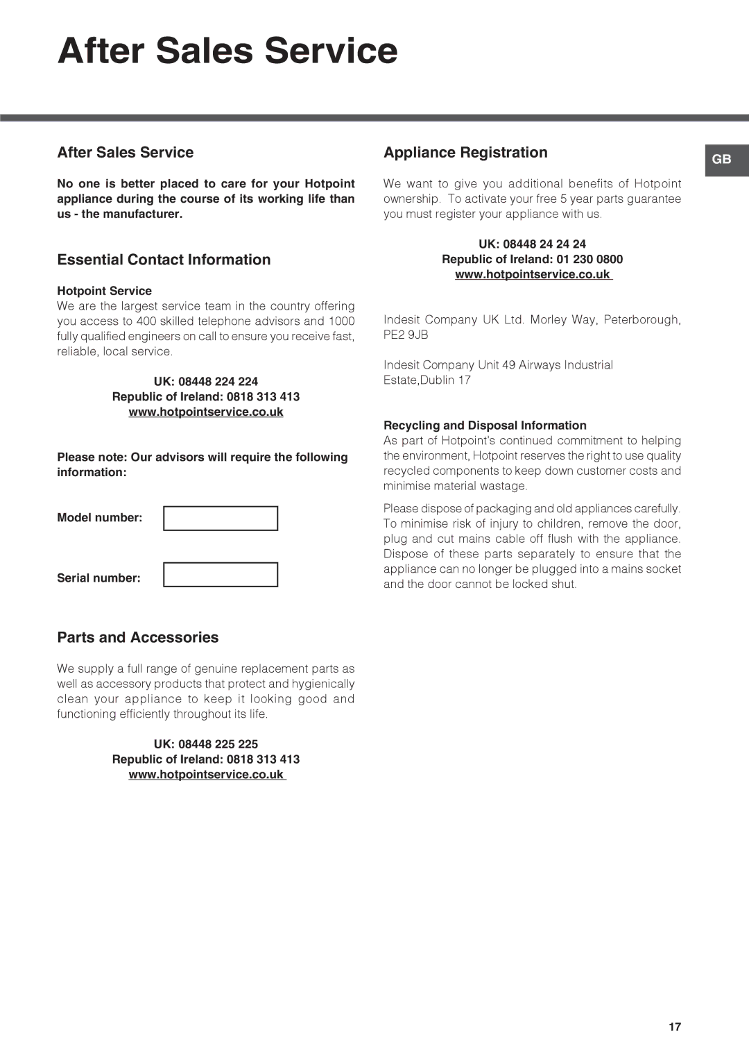 Hotpoint FDFET 33121 manual After Sales Service, Essential Contact Information, Parts and Accessories 