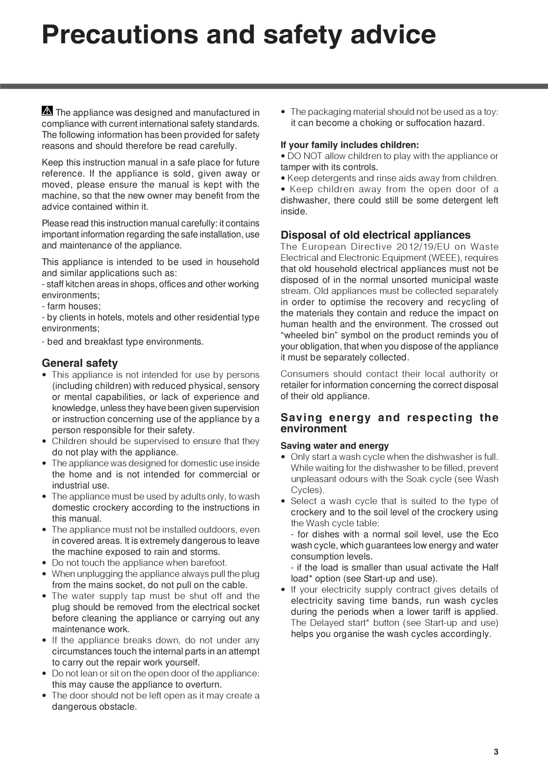 Hotpoint FDFET 33121 manual Precautions and safety advice, General safety, Disposal of old electrical appliances 