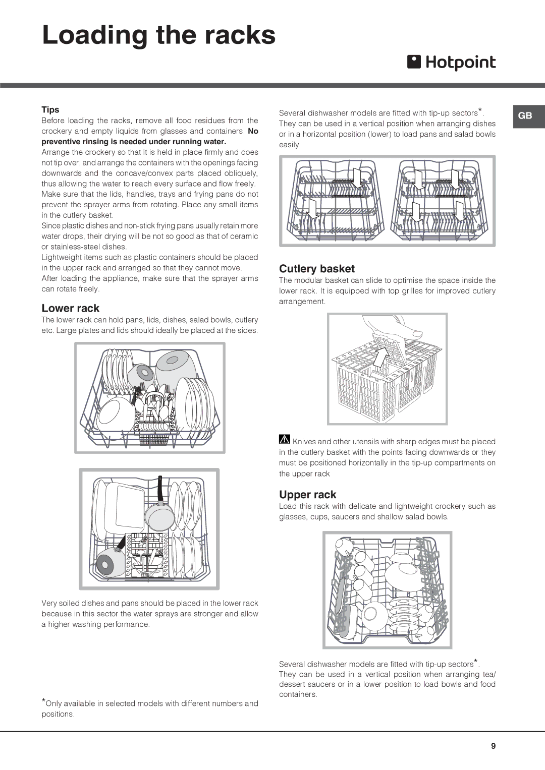 Hotpoint FDFET 33121 manual Loading the racks, Lower rack, Cutlery basket, Upper rack, Tips 