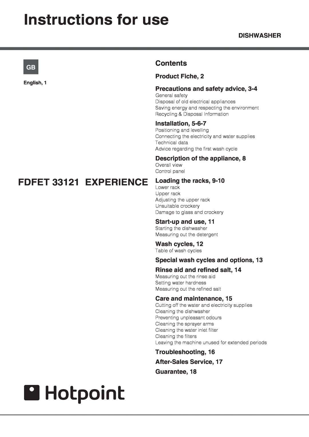 Hotpoint manual Instructions for use, FDFET 33121 EXPERIENCE, Contents 