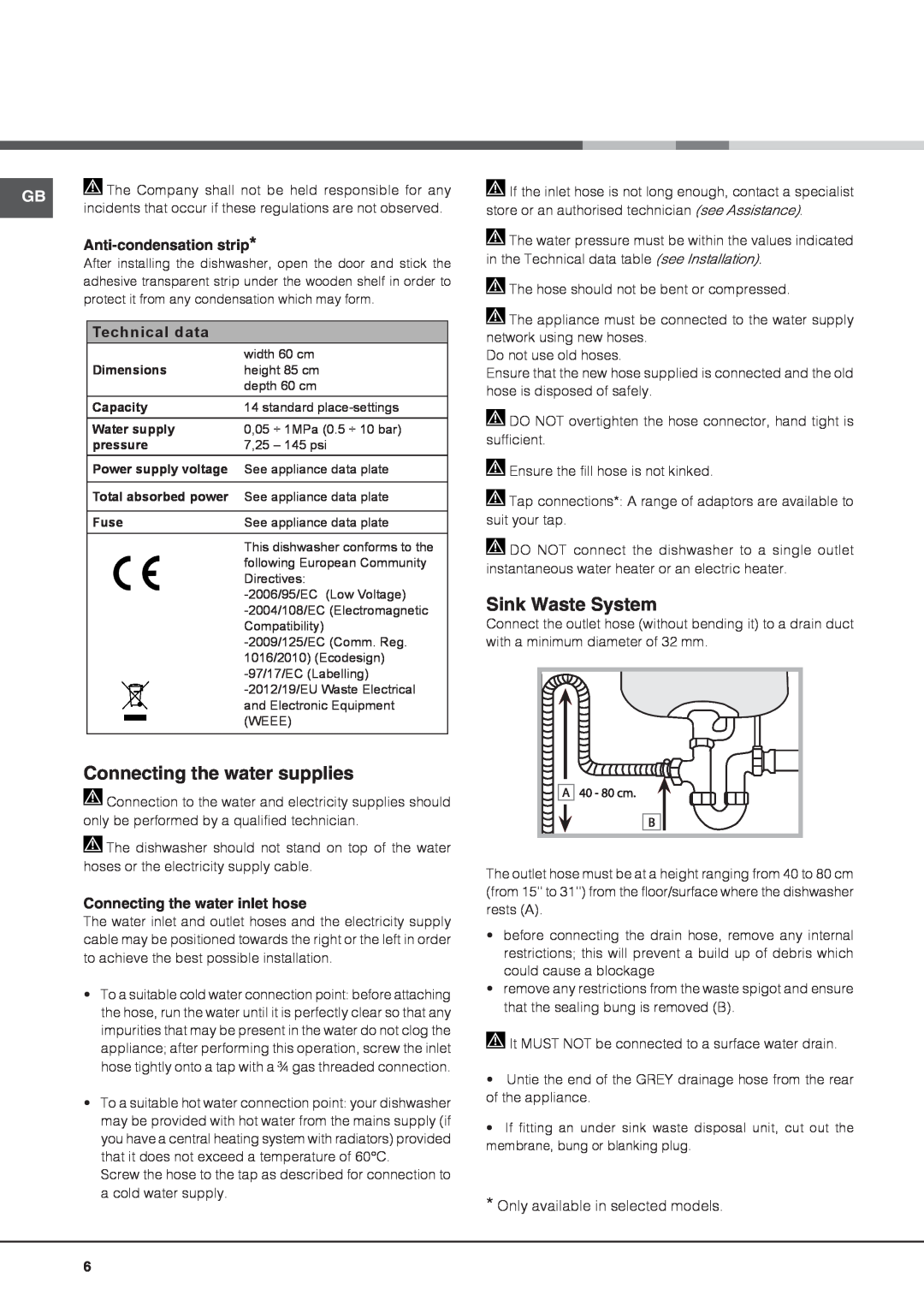 Hotpoint FDFET 33121 manual Connecting the water supplies, Sink Waste System, Anti-condensation strip, Technical data 