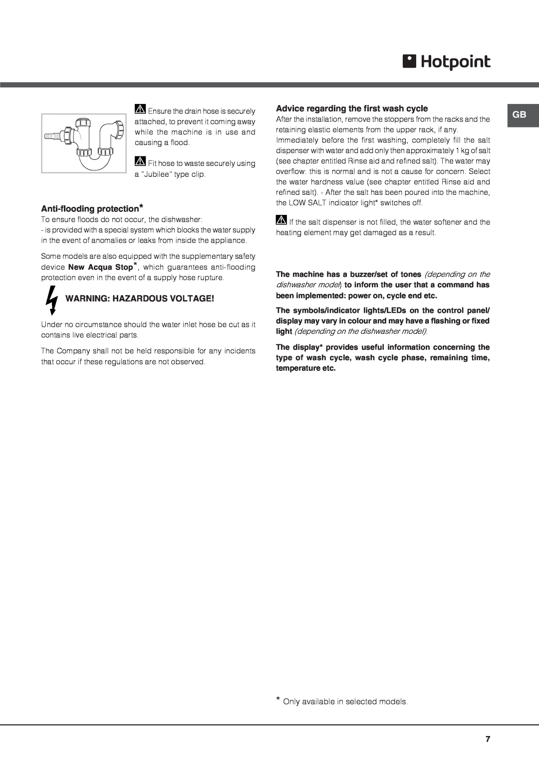 Hotpoint FDFET 33121 manual Anti-flooding protection, Warning Hazardous Voltage, Advice regarding the first wash cycle 