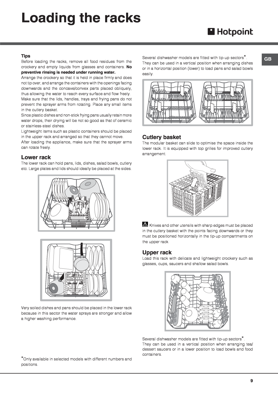 Hotpoint FDFET 33121 manual Loading the racks, Lower rack, Cutlery basket, Upper rack, Tips 