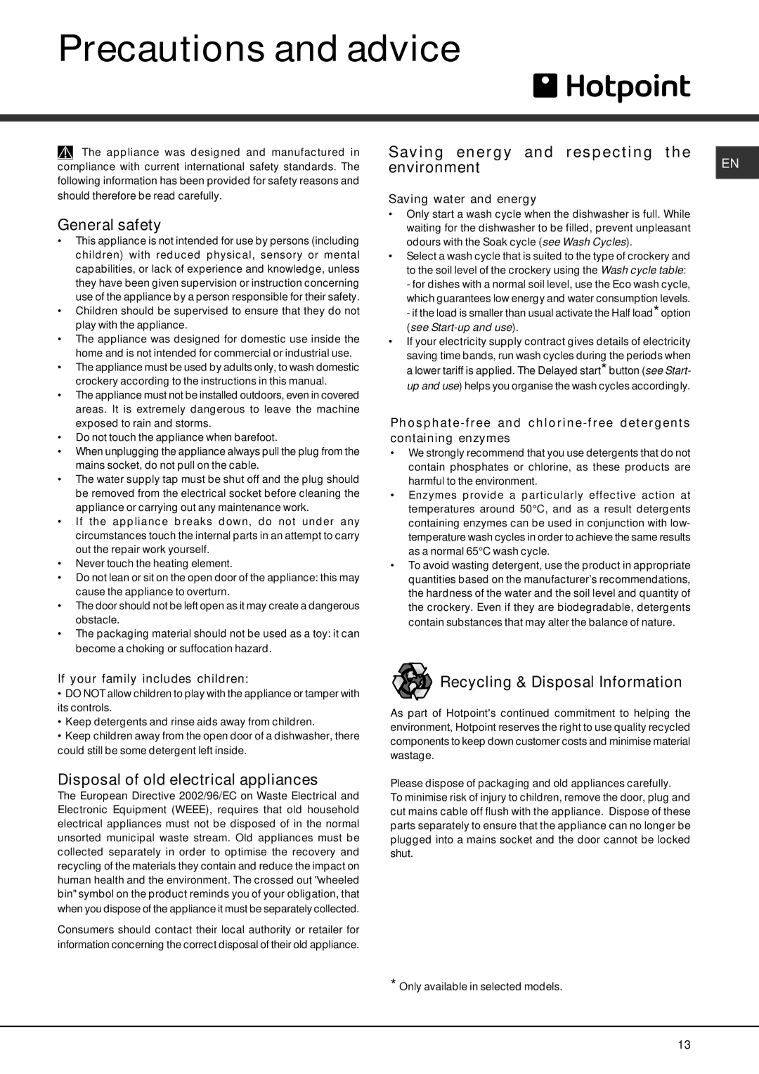 Hotpoint FDFF manual Precautions and advice, General safety, Saving energy and respecting Environment 