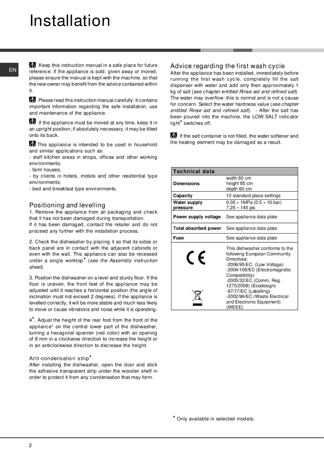 Hotpoint FDFF Installation, Positioning and levelling, Advice regarding the first wash cycle, Anti-condensation strip 