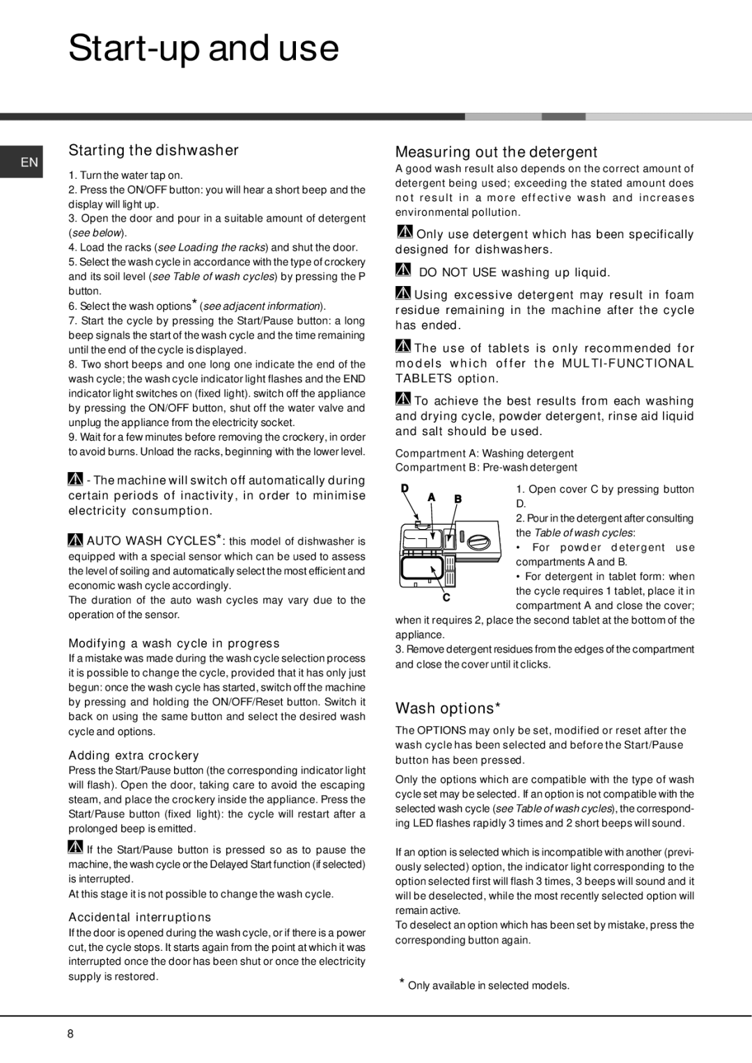 Hotpoint FDFF manual Start-up and use, Starting the dishwasher, Measuring out the detergent, Wash options 