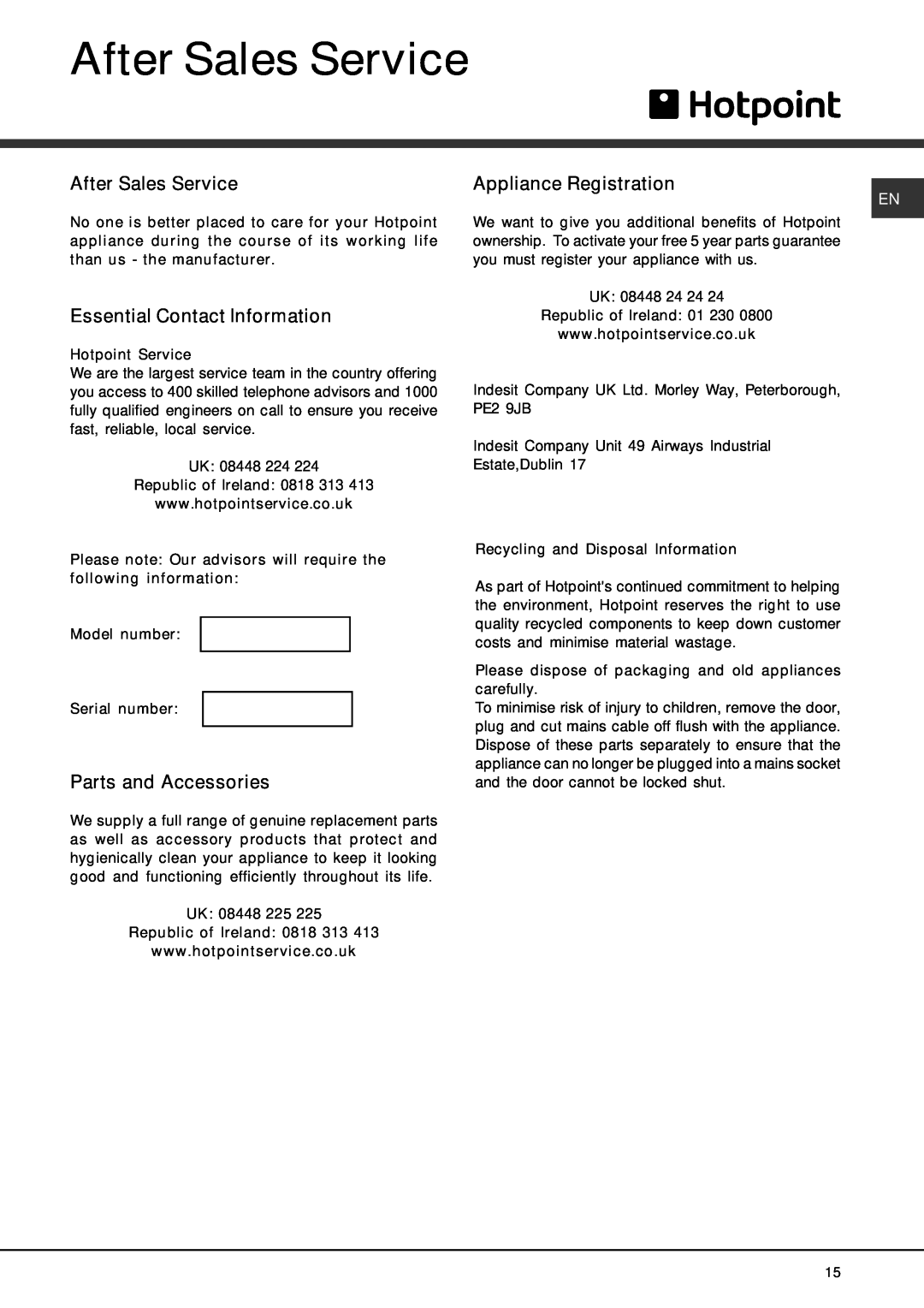 Hotpoint FDFF manual After Sales Service, Essential Contact Information, Parts and Accessories, Appliance Registration 