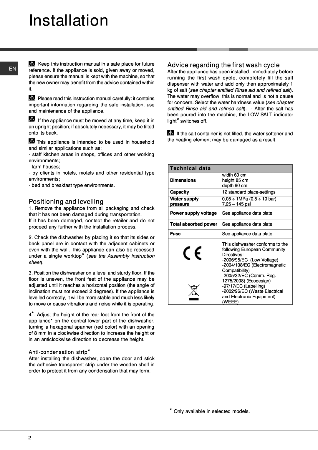 Hotpoint FDFF manual Installation, Positioning and levelling, Advice regarding the first wash cycle 