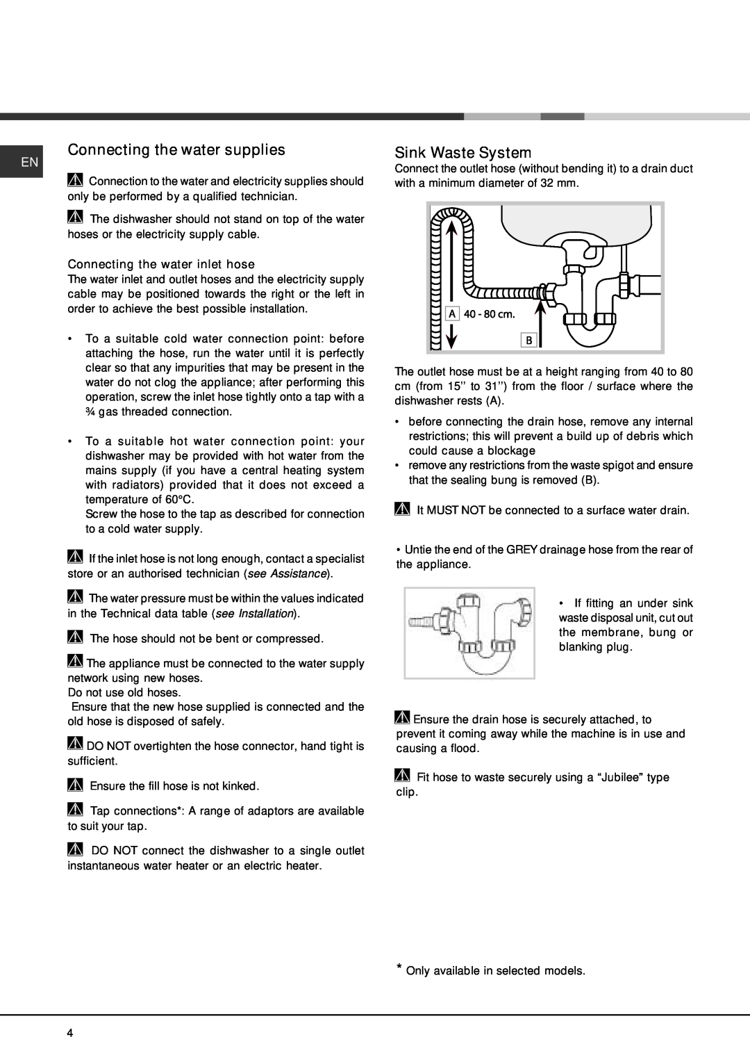 Hotpoint FDFF manual Connecting the water supplies, Sink Waste System, Connecting the water inlet hose 