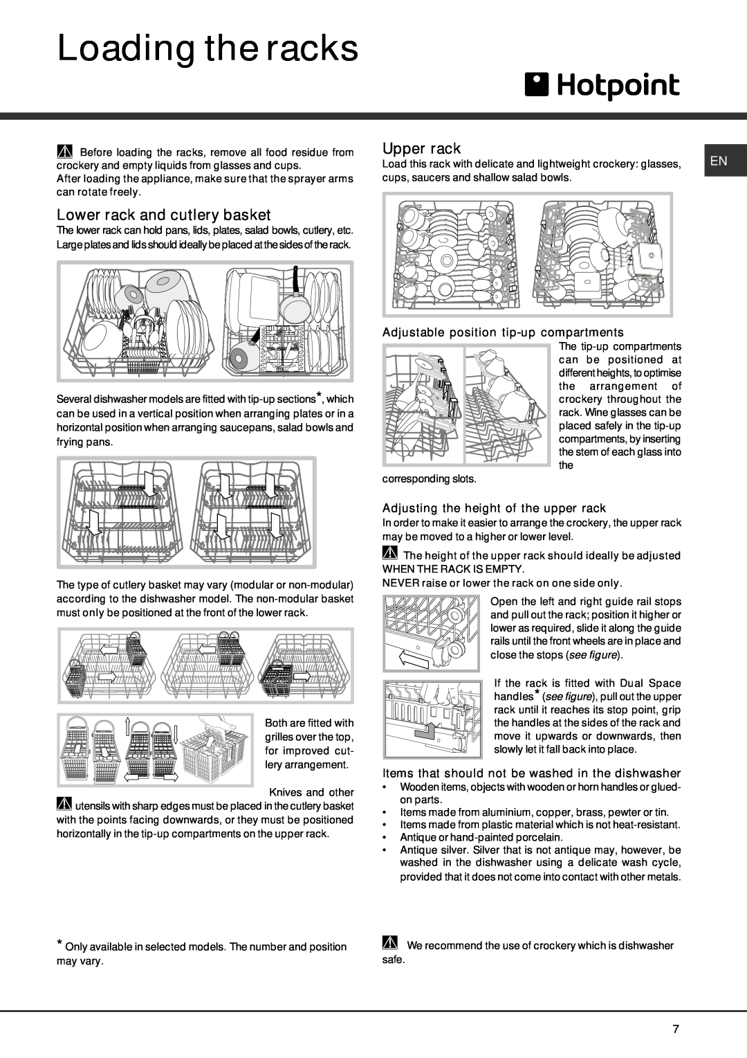 Hotpoint FDFF manual Loading the racks, Lower rack and cutlery basket, Upper rack 