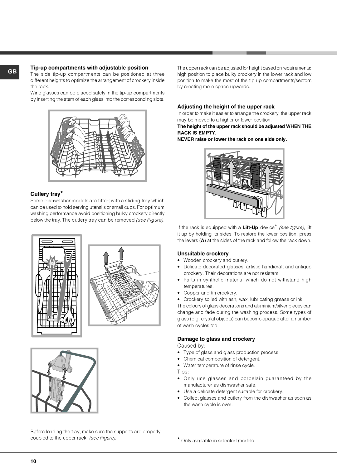 Hotpoint FDFL 11010 Tip-up compartments with adjustable position, Cutlery tray, Adjusting the height of the upper rack 