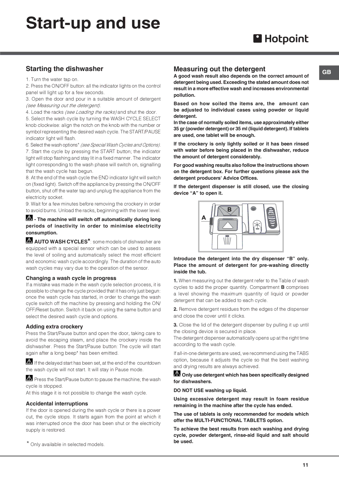 Hotpoint FDFL 11010 manual Start-up and use, Starting the dishwasher, Measuring out the detergent 