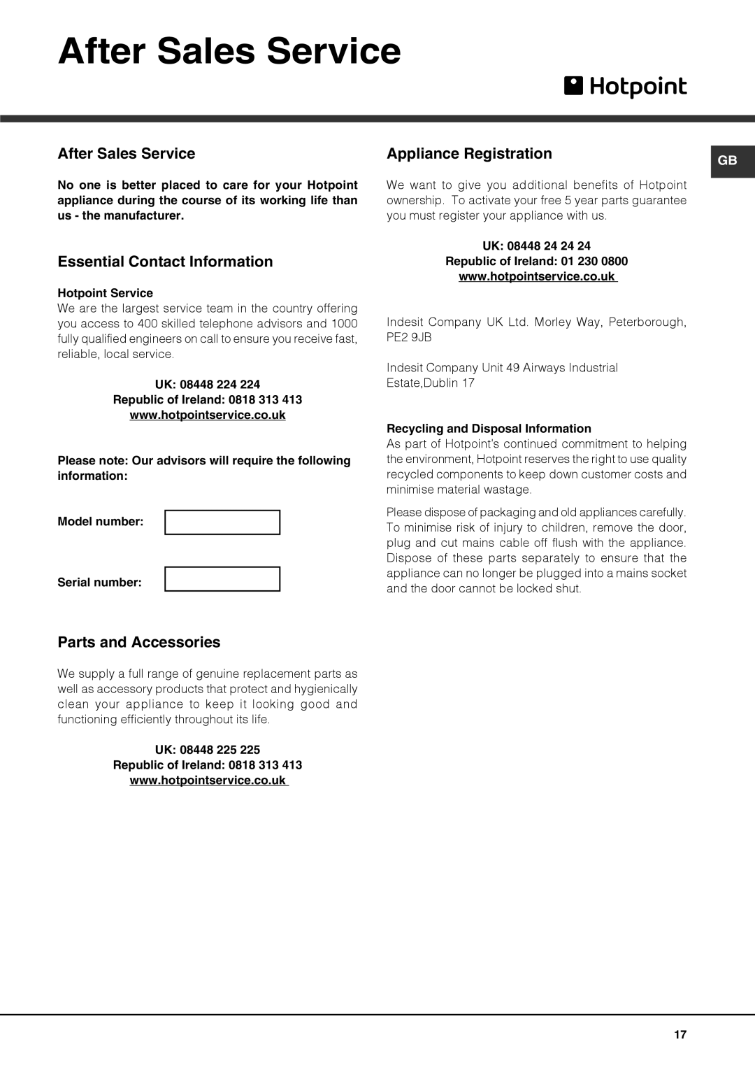 Hotpoint FDFL 11010 manual After Sales Service, Essential Contact Information, Parts and Accessories 