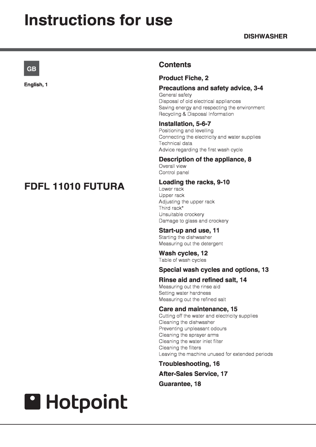 Hotpoint manual Instructions for use, FDFL 11010 FUTURA, Contents 