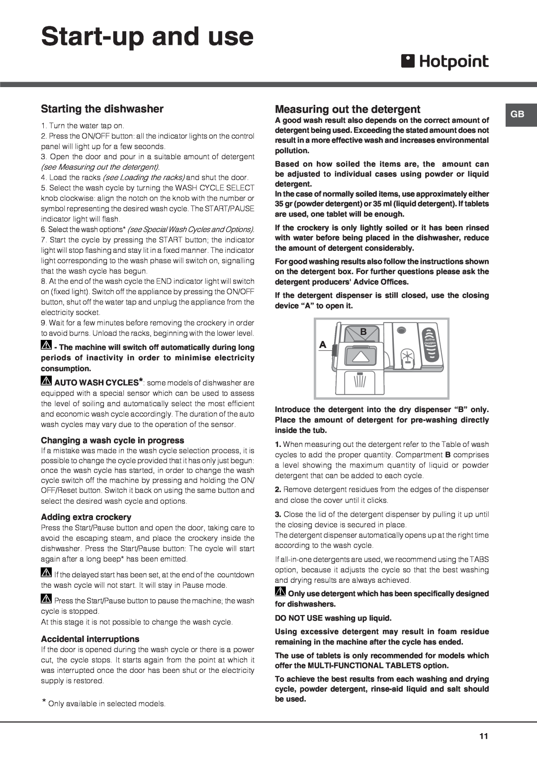 Hotpoint FDFL 11010 Start-upand use, Changing a wash cycle in progress, Adding extra crockery, Accidental interruptions 