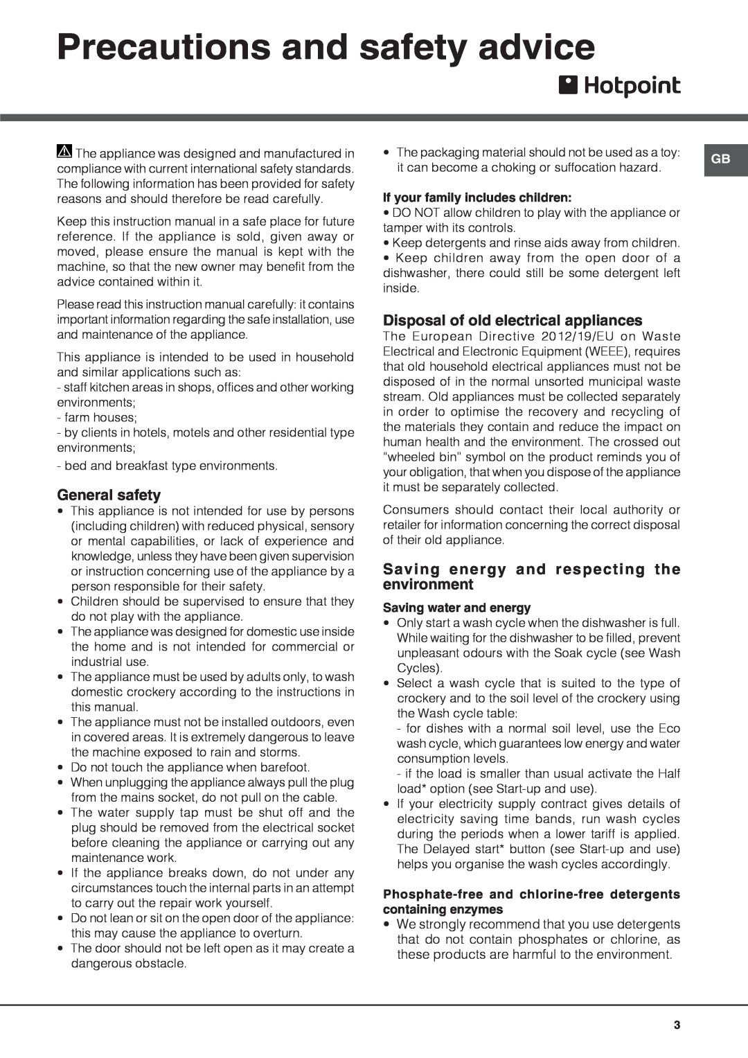 Hotpoint FDFL 11010 manual Precautions and safety advice, General safety, Disposal of old electrical appliances 