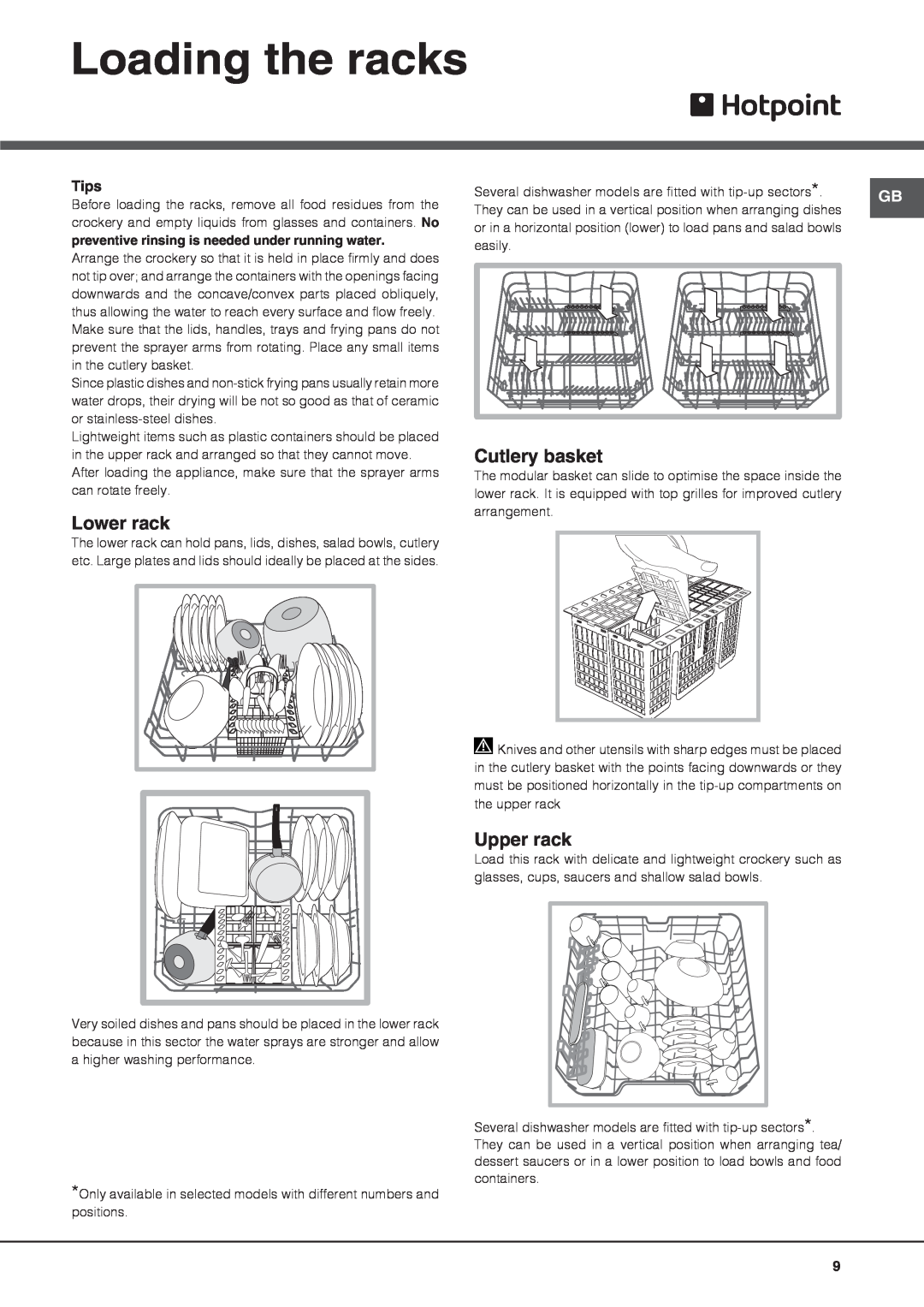 Hotpoint FDFL 11010 manual Loading the racks, Lower rack, Cutlery basket, Upper rack, Tips 