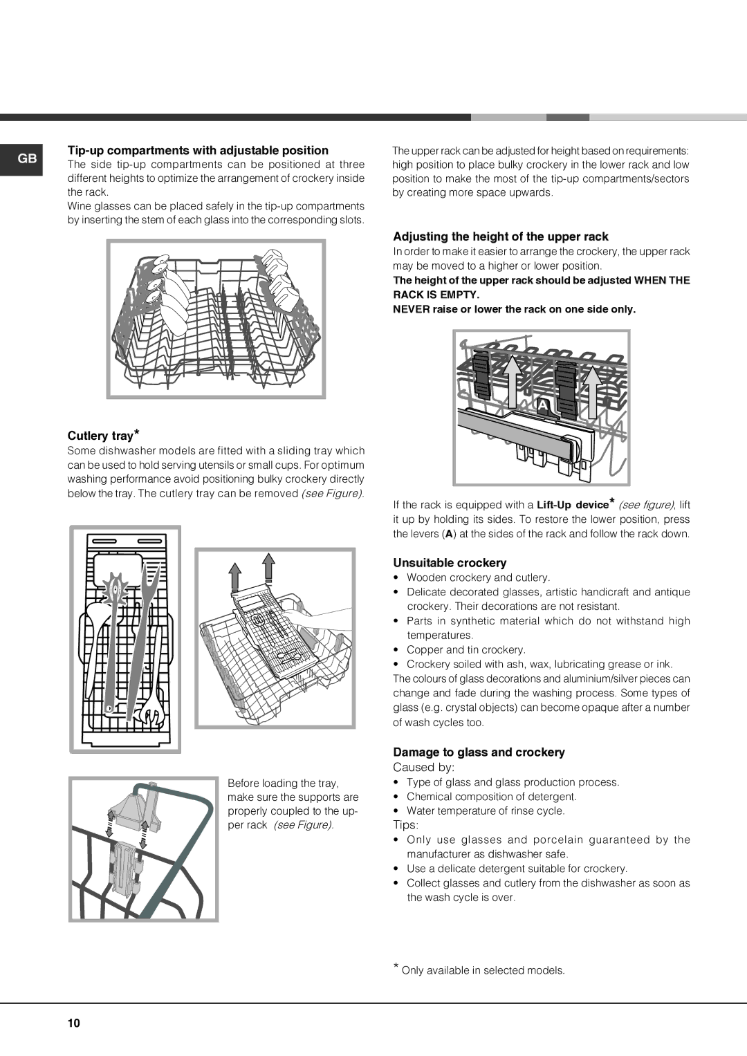 Hotpoint FDFSM 31011 FUTURA manual Tip-up compartments with adjustable position, Cutlery tray, Unsuitable crockery 