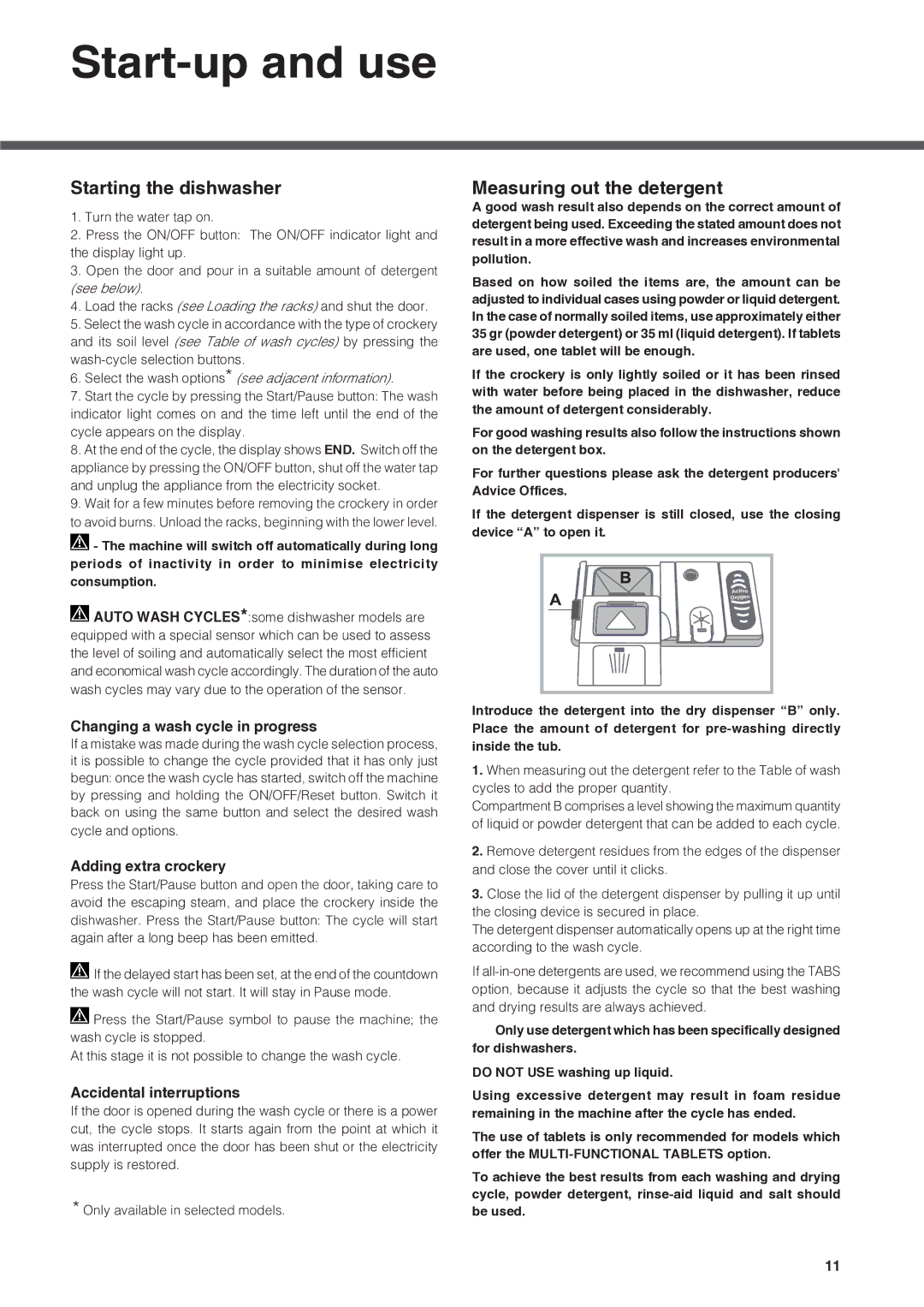 Hotpoint FDFSM 31011 FUTURA manual Start-up and use, Starting the dishwasher, Measuring out the detergent 