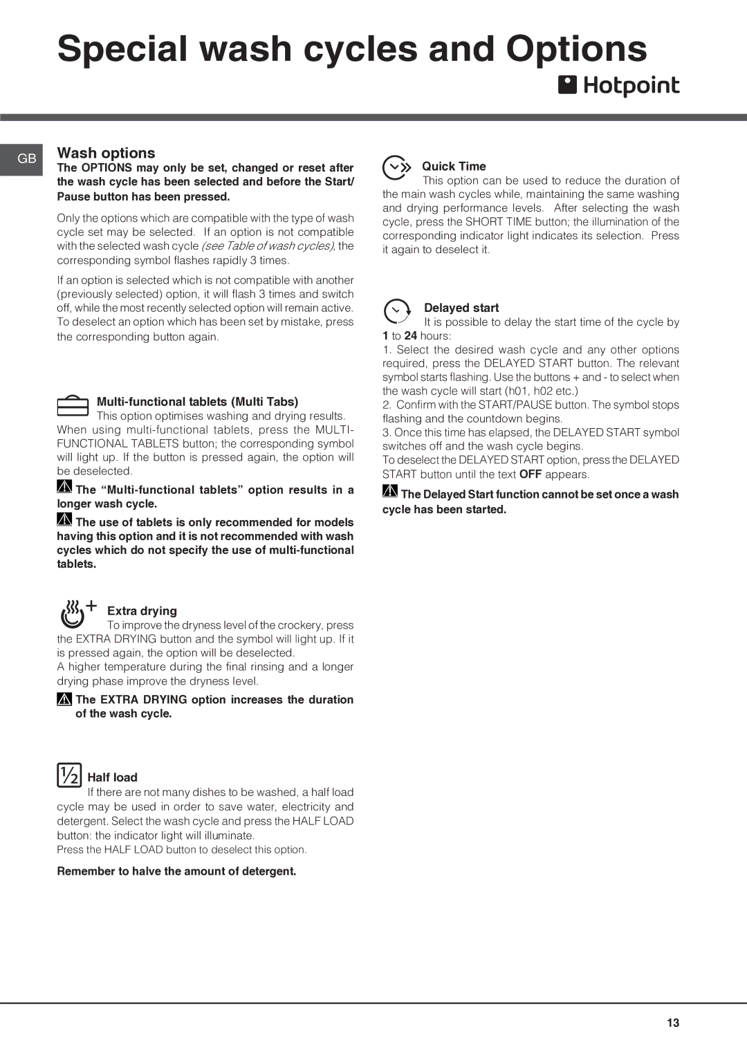 Hotpoint FDFSM 31011 FUTURA manual Special wash cycles and Options, Wash options 