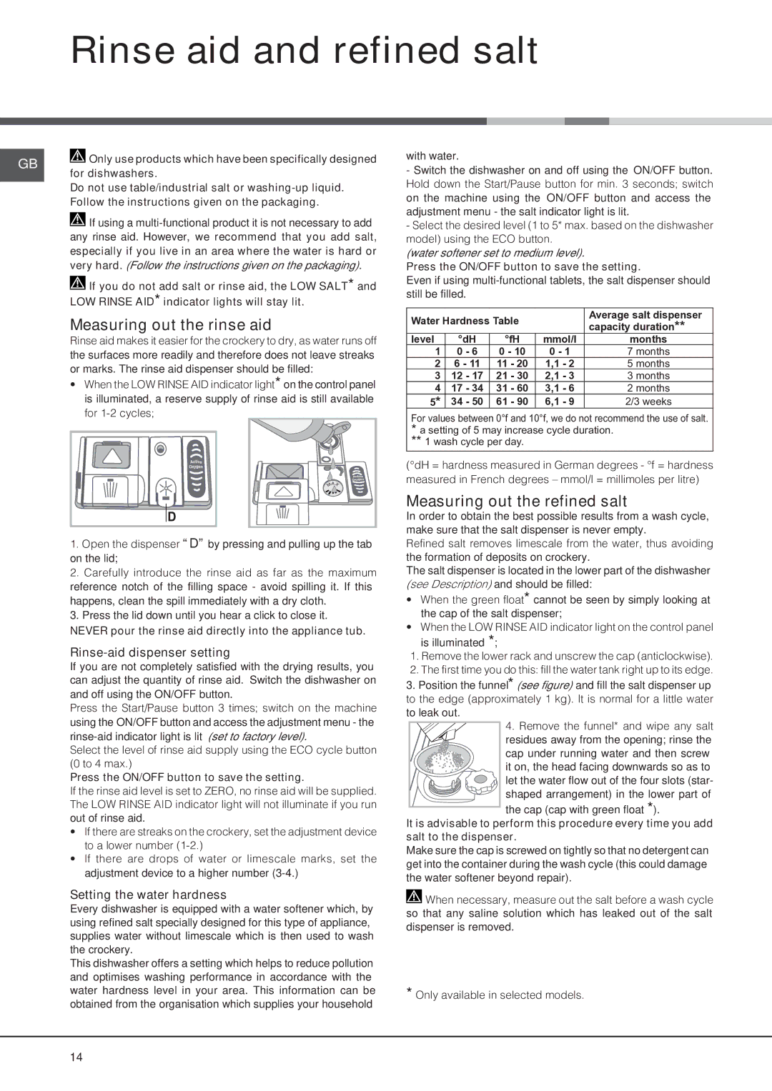 Hotpoint FDFSM 31011 FUTURA manual Rinse aid and refined salt, Measuring out the rinse aid, Measuring out the refined salt 