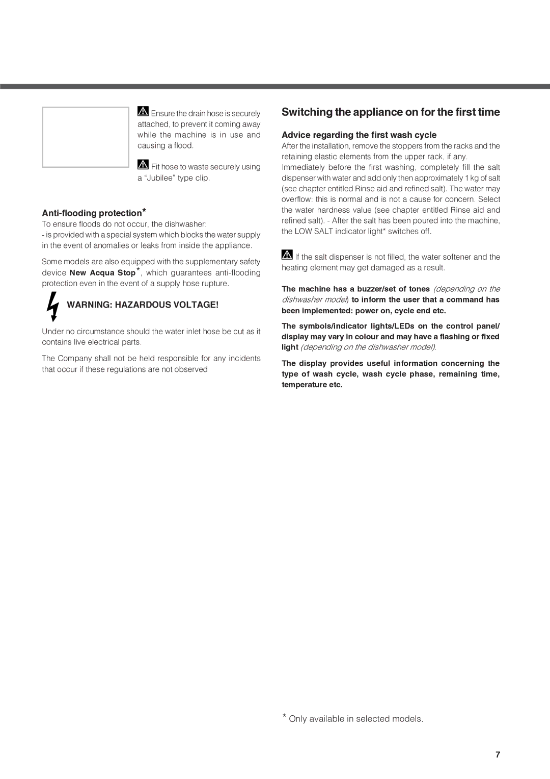 Hotpoint FDFSM 31011 FUTURA manual Anti-flooding protection, Advice regarding the first wash cycle 