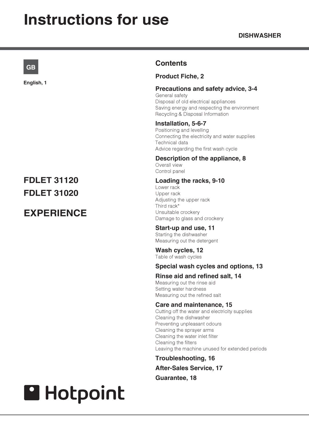 Hotpoint FDLET 31120, FDLET 31020 manual Instructions for use, Experience 