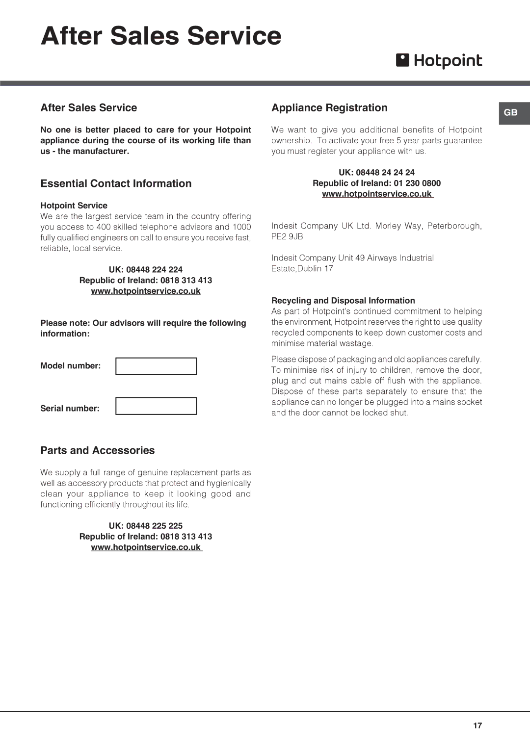 Hotpoint FDLET 31120, FDLET 31020 manual After Sales Service, Essential Contact Information, Parts and Accessories 