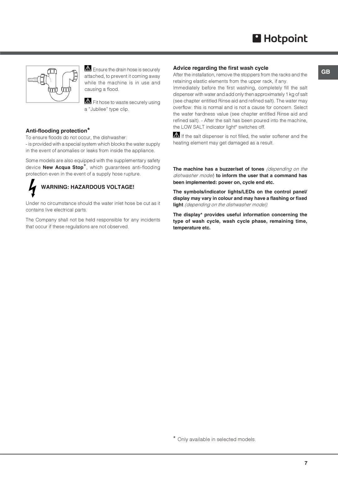 Hotpoint FDLET 31120, FDLET 31020 manual Anti-flooding protection, Advice regarding the first wash cycle 