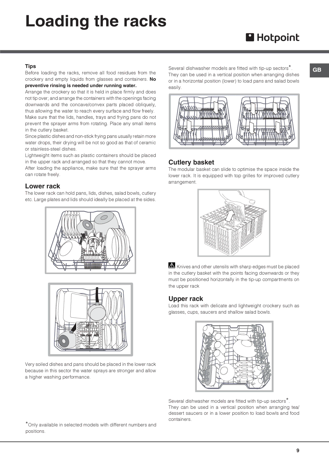 Hotpoint FDLET 31120, FDLET 31020 manual Loading the racks, Lower rack, Cutlery basket, Upper rack, Tips 