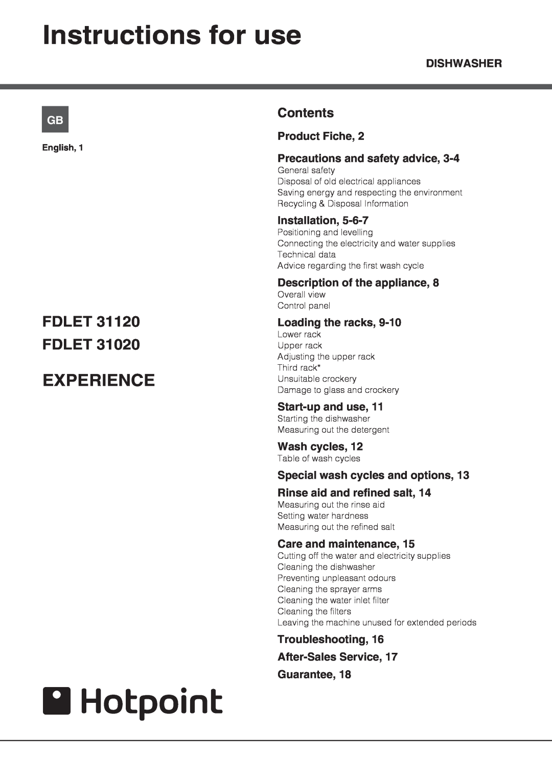 Hotpoint FDLET 31020 manual Instructions for use, Experience, FDLET 31120 FDLET, Contents 