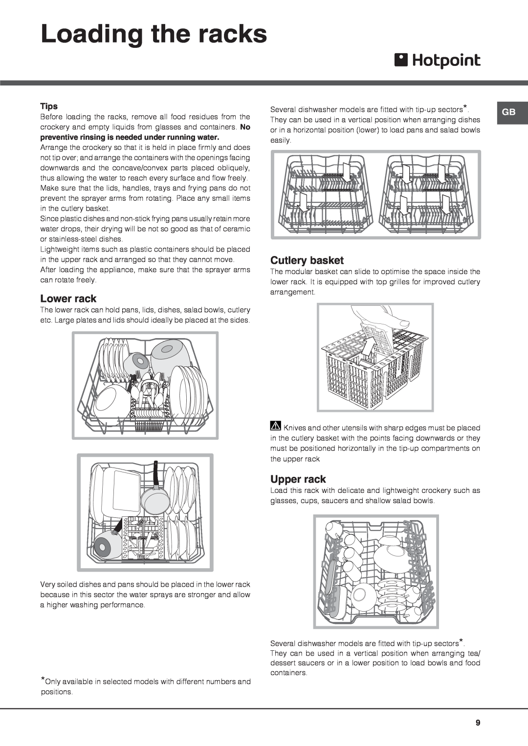 Hotpoint FDLET 31120, FDLET 31020 manual Loading the racks, Lower rack, Cutlery basket, Upper rack, Tips 