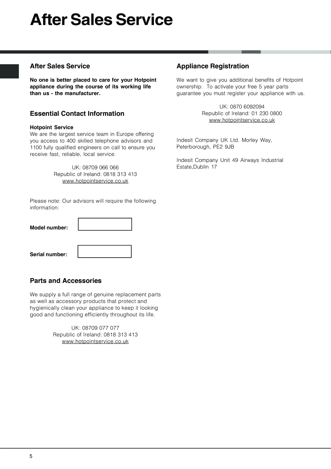 Hotpoint FDM 550 manual After Sales Service, Essential Contact Information, Parts and Accessories, Appliance Registration 