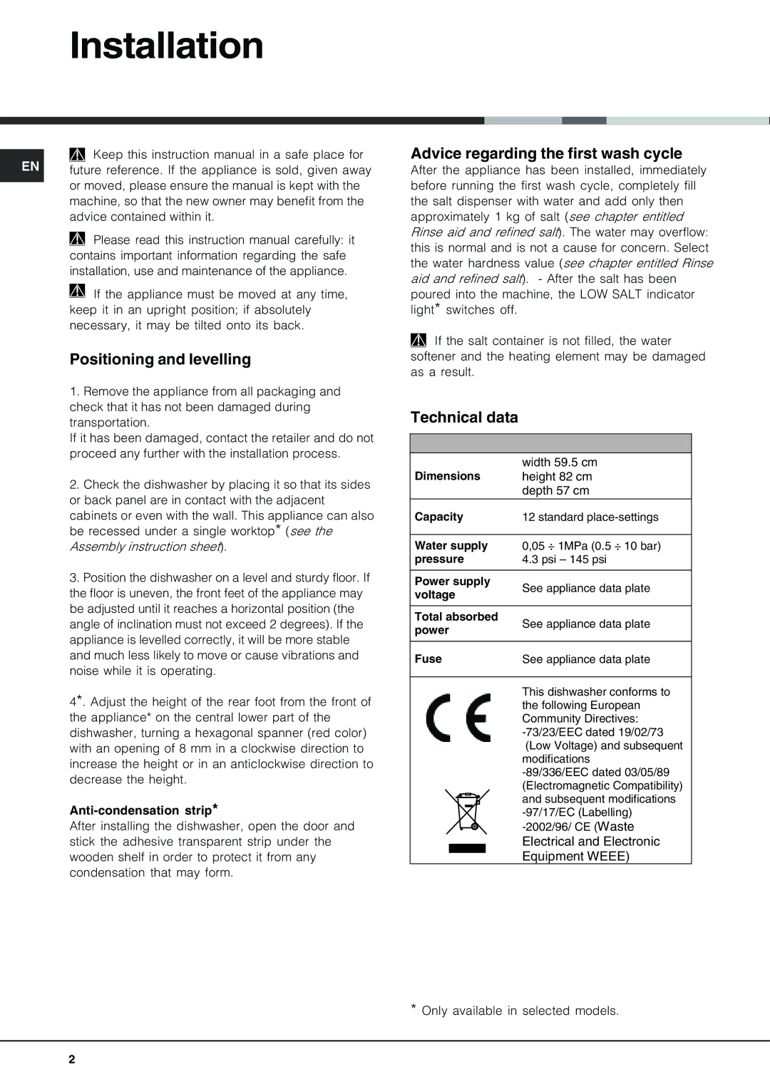 Hotpoint FDM 550 manual Installation, Positioning and levelling, Advice regarding the first wash cycle, Technical data 