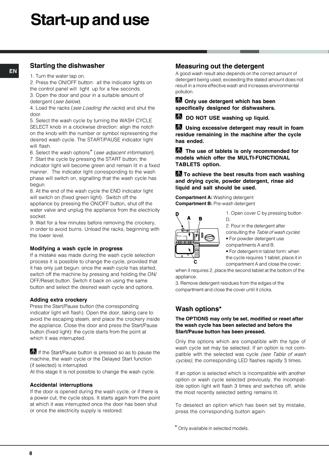 Hotpoint FDM 550 manual Start-up and use, Starting the dishwasher, Measuring out the detergent, Wash options 