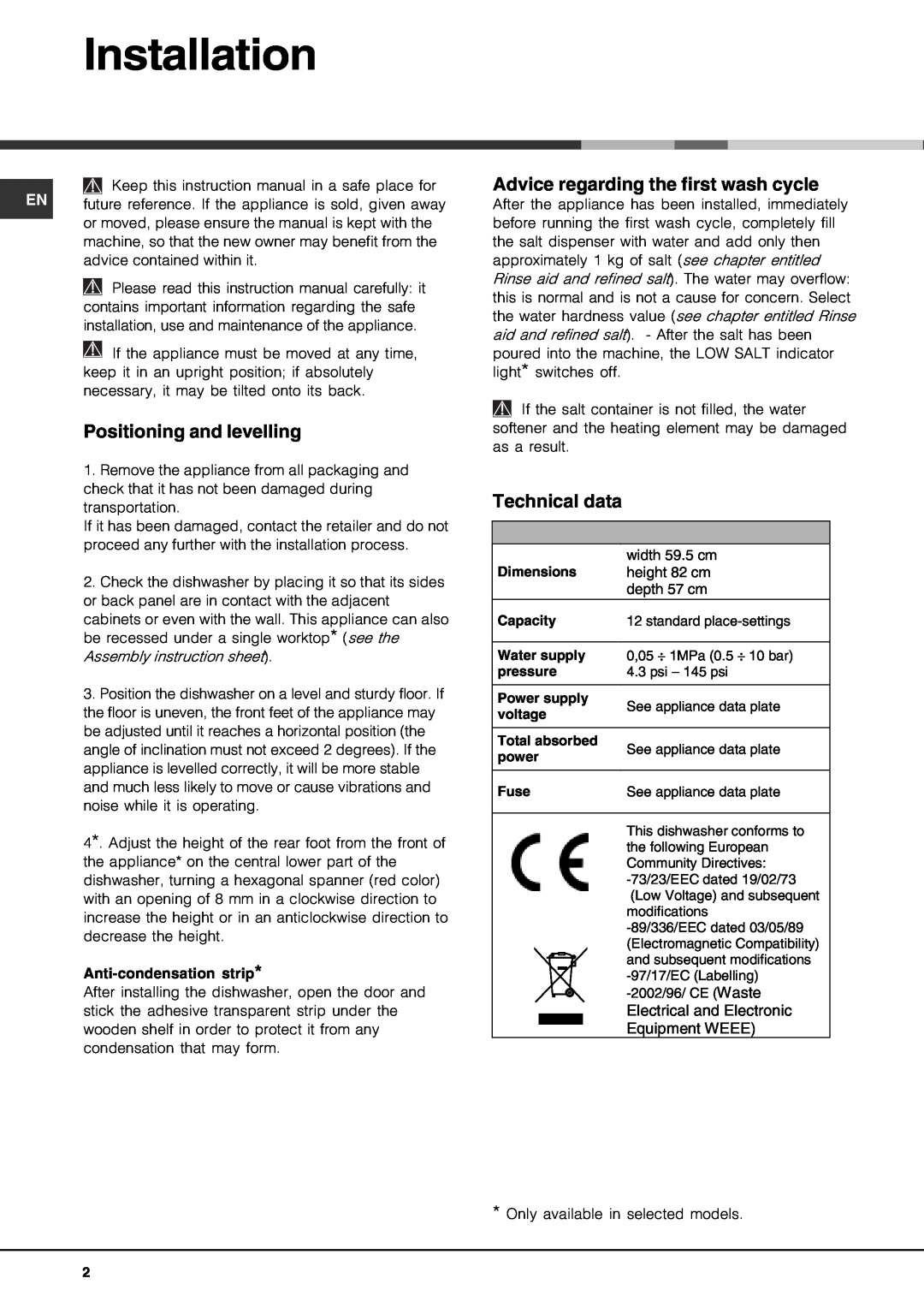 Hotpoint FDM 550 manual Installation, Positioning and levelling, Advice regarding the first wash cycle, Technical data 